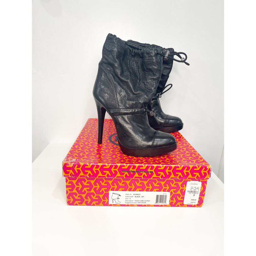 Tory Burch Trisha Drawstring Black Leather Stiletto Heel Booties Ankle Boots 9